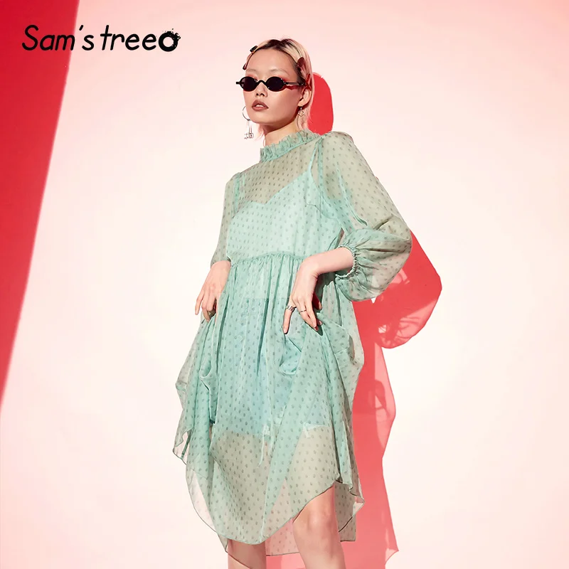 Samstree A-Line Dot Mint женские платья Летние повседневные женские праздничные платья модные кружевные сексуальные открытые вечерние женские платья