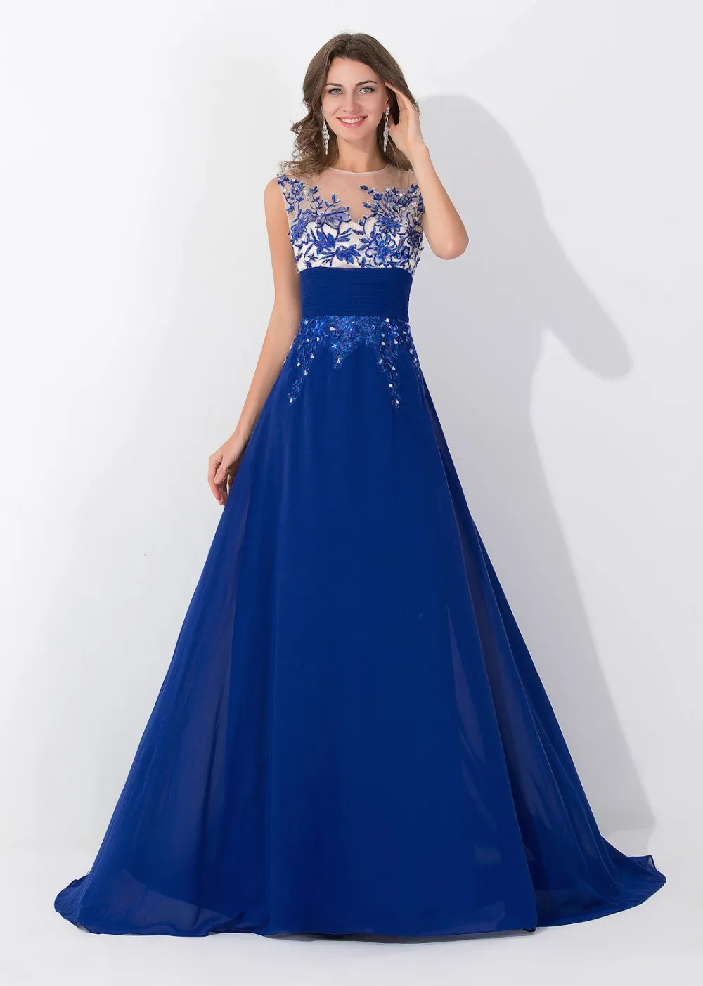 Fast Shipping Sheer Neck A Line Blue Prom Dress Chiffon Appliques Open