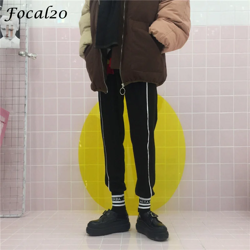 

Focal20 Streetwear Letter Print Sporting Women Pants Drawstring Waist Lace Up Loose Full Length Rib Pants Street Trousers