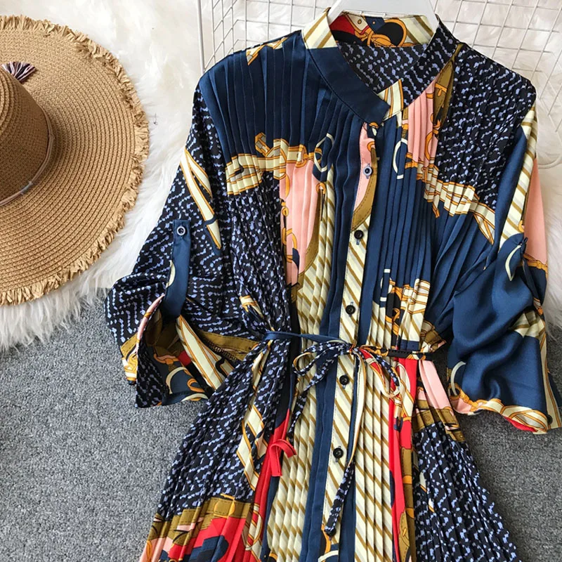 Women's summer print shirt dress long sleeve stand collar waist tie print dress loose chiffon pleated dress large size fashion