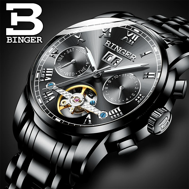 

Switzerland BINGER Top Brand Mens Mechanical Watches Automatic Stainless Steel Waterproof Skeleton Watch Men Calendar Relojes