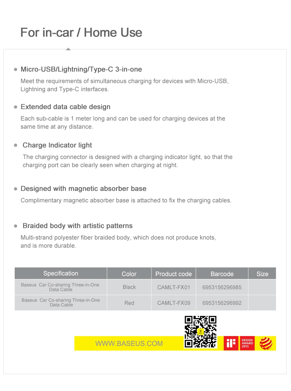 Baseus 3 in 1 3.5A Fast Charging Cable Scalable USB Data Cable For Micro Type-C For iPhone X XS XR 8 Plus Samsung S9 S8 Note 9