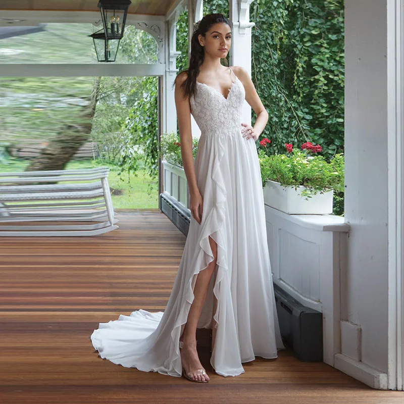 

Eightale Beach Wedding Dresses 2019 Appliques V-Neck Wedding Gowns Custom Made Chiffon Backless Train Bride Dress abiti da sposa