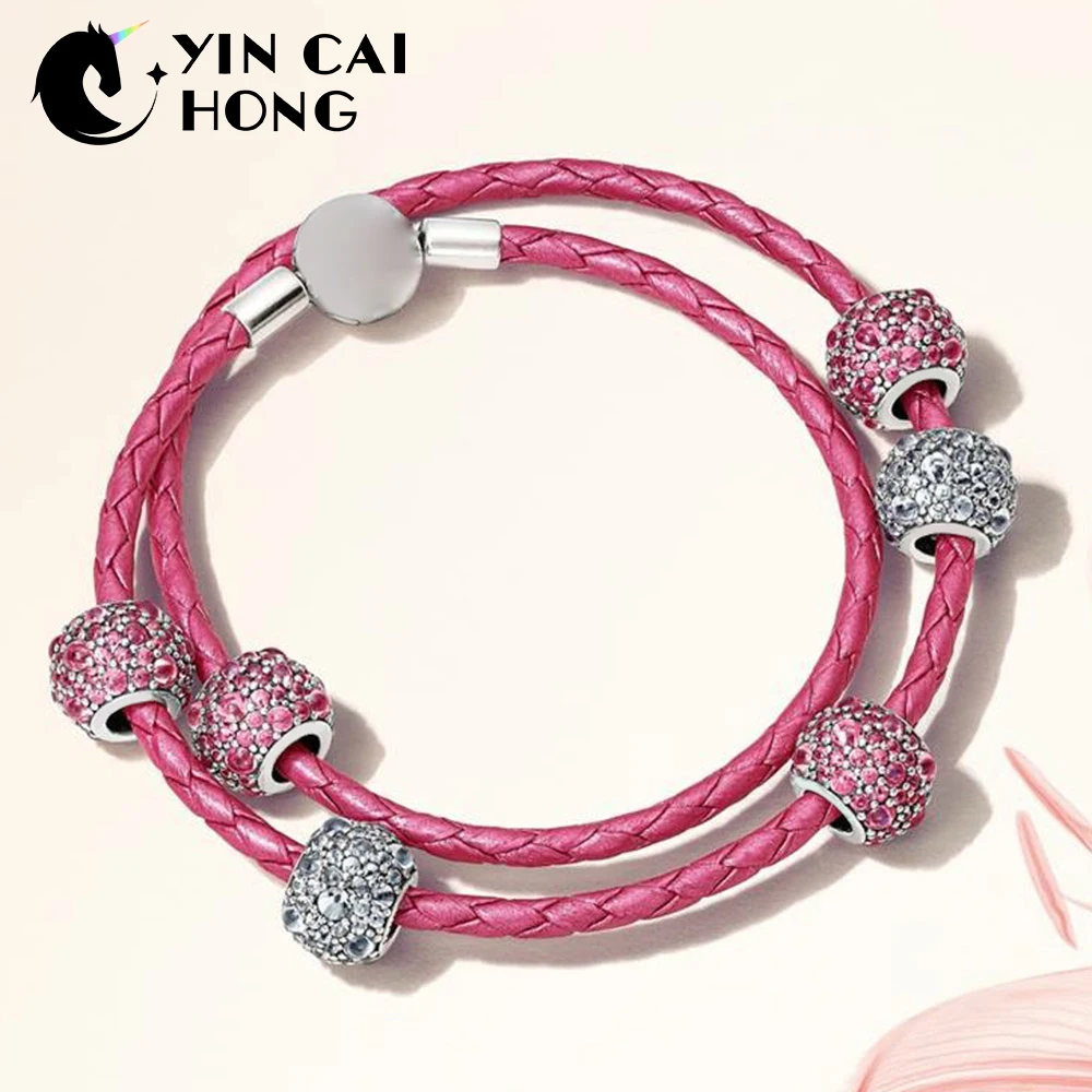 

YCH 100% 925 Sterling Silver 1:1 PINK SHIMMERING DROPLETS CHARM Beads MOMENTS DOUBLE WOVEN LEATHER BRACELET Gift Set