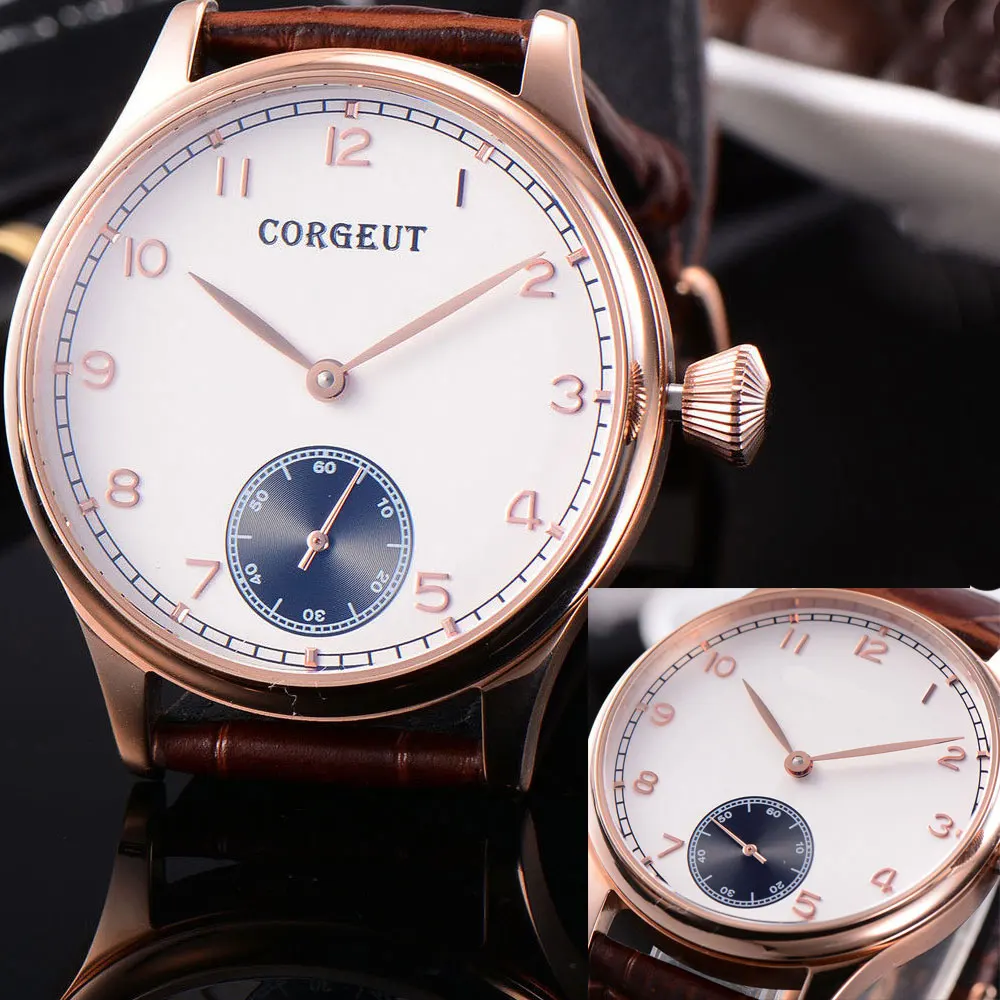 

Luxury Brand Gold Corgeut Sterile White Dial Watch Men Mechanical Hand Wind Wristwatch Male Fashion Leather Band Wristwatch