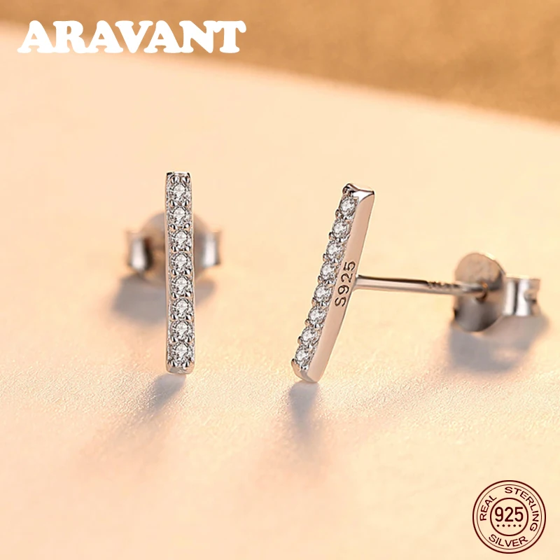 

925 Sterling Silver Simple Design Shining Tiny Zircon Stud Earring For Women Geometry Earrings Brand Jewelry Carving 925