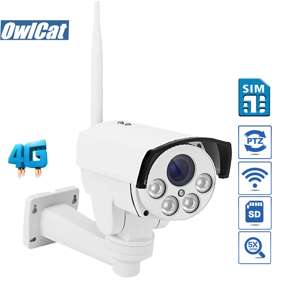 

OwlCat HD 1080P Waterproof/Ourdoor PTZ Bullet WIFI IP Camera 4G SIM Card/SD Slot 5X Zoom Auto Focus Audio MIC Security camera