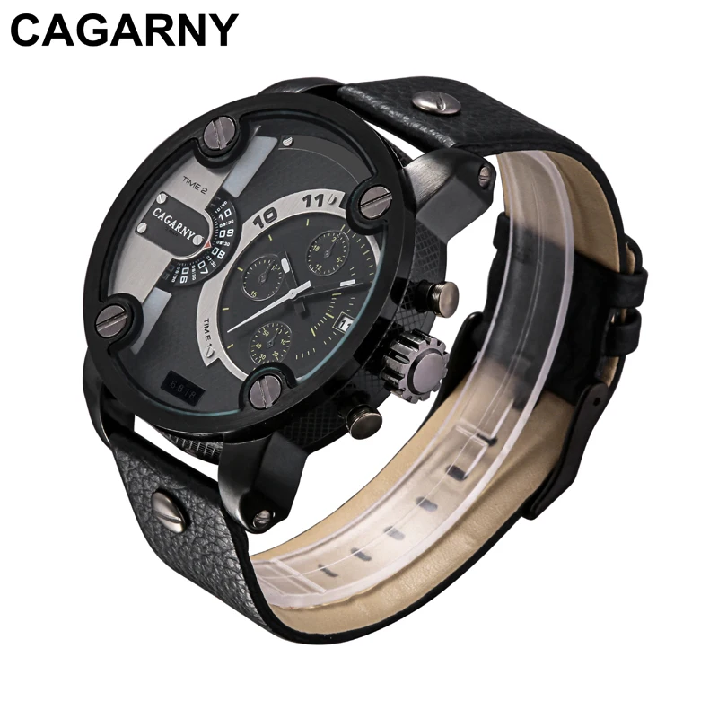 

Cagarny Watches Men Luxury Brand Leather Strap Quartz Dual Time Zone Analog Date Men Sport Russian Military Oversize Wristwatch