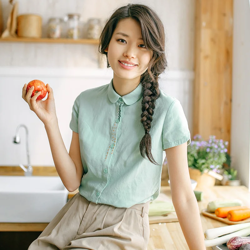 Kopen Inman Vrouwen Bloemen Geborduurd Katoen En Linnen Korte Mouwen Linnen