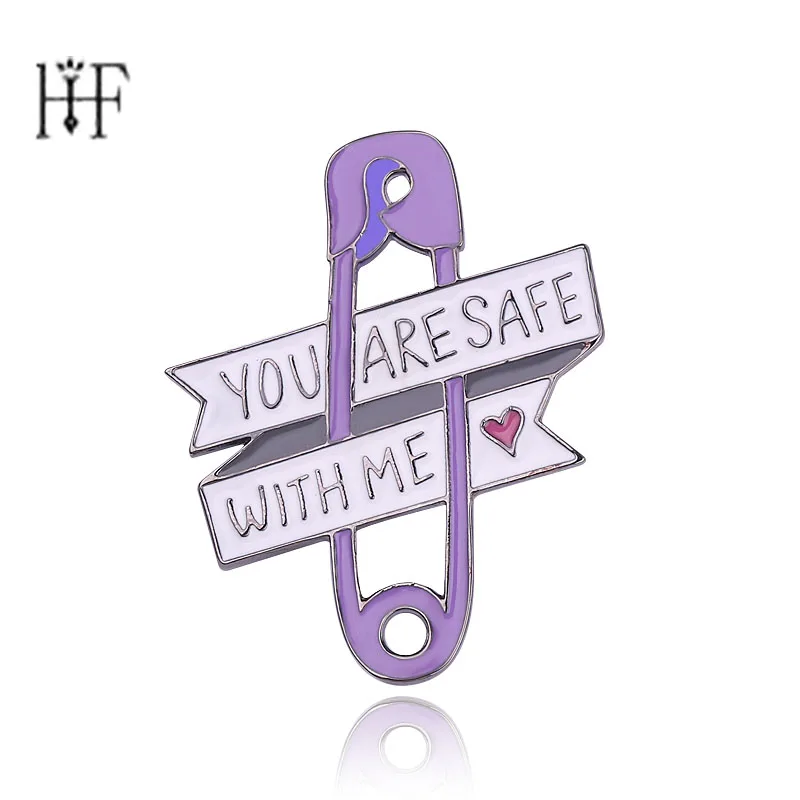 

You are safe with me purple safty Pin Heart Brooches Hard enamel pins Badges Brooches for men women Hijab Pins Pin Badge