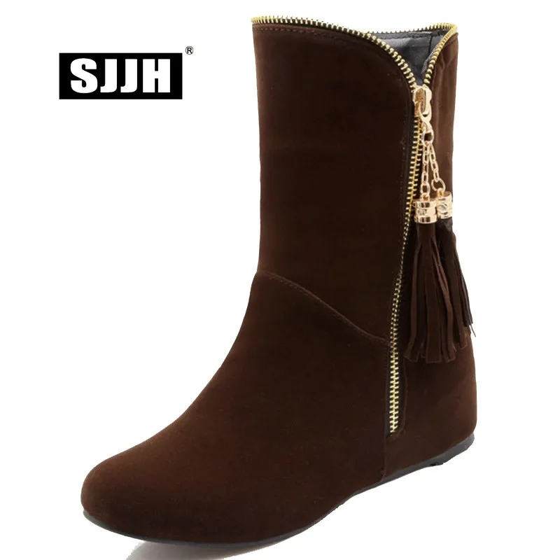 

SJJH Woman Flock Ankle Boots with Round Toe Height Increasing Plush Fringe Comfort Footwear Fashion Casual Shoes Large Size Q100
