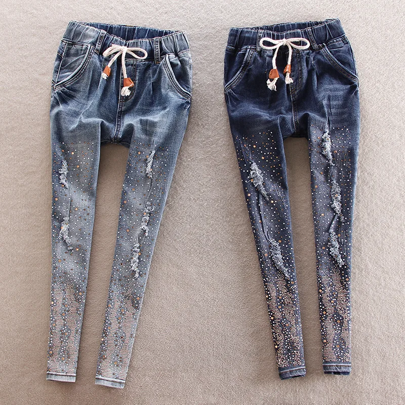 Women Diamond Drilled Jeans Female Broken Hole Feet Pencil Pants Long Drawstring With Rhinestone Harem For Woman |