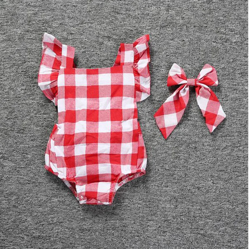 toddler newbron baby girl red black Plaid one-pieces Romper Jumpsuit With Headband cotton Outfit baby clothes 2017 summer new