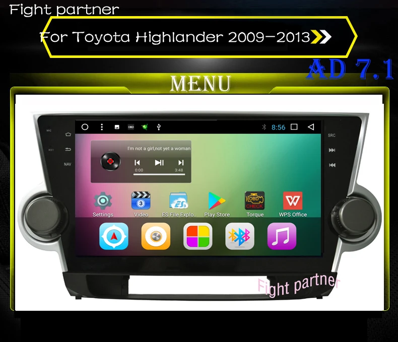 

Factory price car dvd radio player for Toyota Highlander 2009-2013 android 7.1 with bluetooth GPS wifi Mirror link DVR