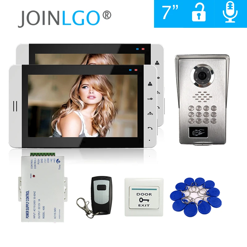 FREE SHIPPING 7\ Touch Key Video Door Phone Intercom Kit 2 White Monitors + Metal RFID Code Keypad Unlock Outdoor Camera Remote
