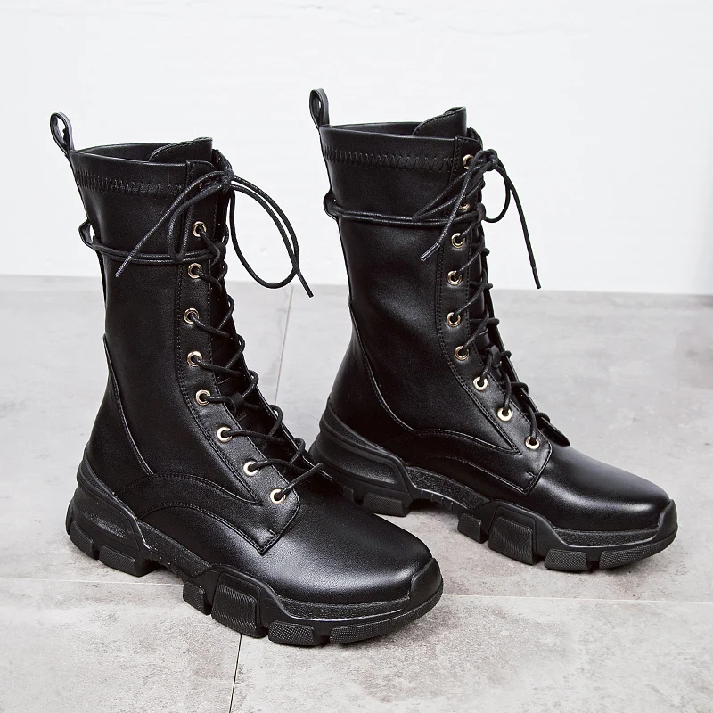 Calzado Mujeres Botas Oxford Martin Señoras Ternero Otoño Pu Negro Mediados Mujer Plataforma Nuevas De Tacones Encaje Zapatos Lluvia 2018 Las Cuero EqpUXX