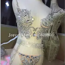 Серебряные яркий сексуальный бюстгальтер Низкая Талия Короткие Нижнее белье Блестки Танец двубортный комплект Для женщин вечерние платье женский костюм певицы