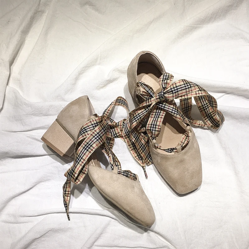 

Koovan Women's Leather Shoes Heel 2019 Spring Students Cross Strap Square Head With Rough And Sandals Mary Jane Shoes