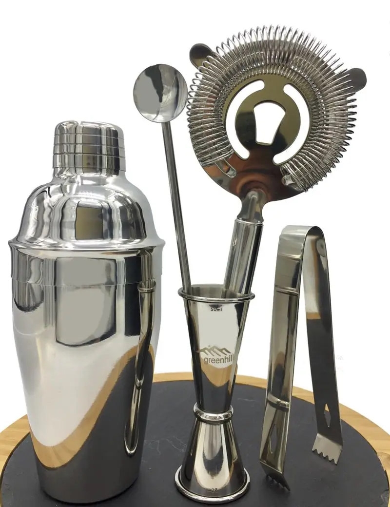 Premium 5 Pieces of Bartender Kit Cocktail Shaker Jigger Spoon Ice Tong Ice Strainer Barware Bar