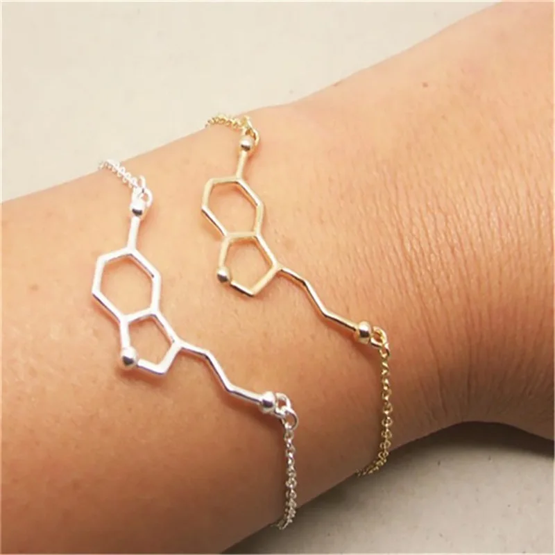 

1Pcs New Fashion Gold Silver Serotonin Molecule Chemical Serotonin Formula Bracelets Bangle For Women Men DNA Nurse Jewelry Gift