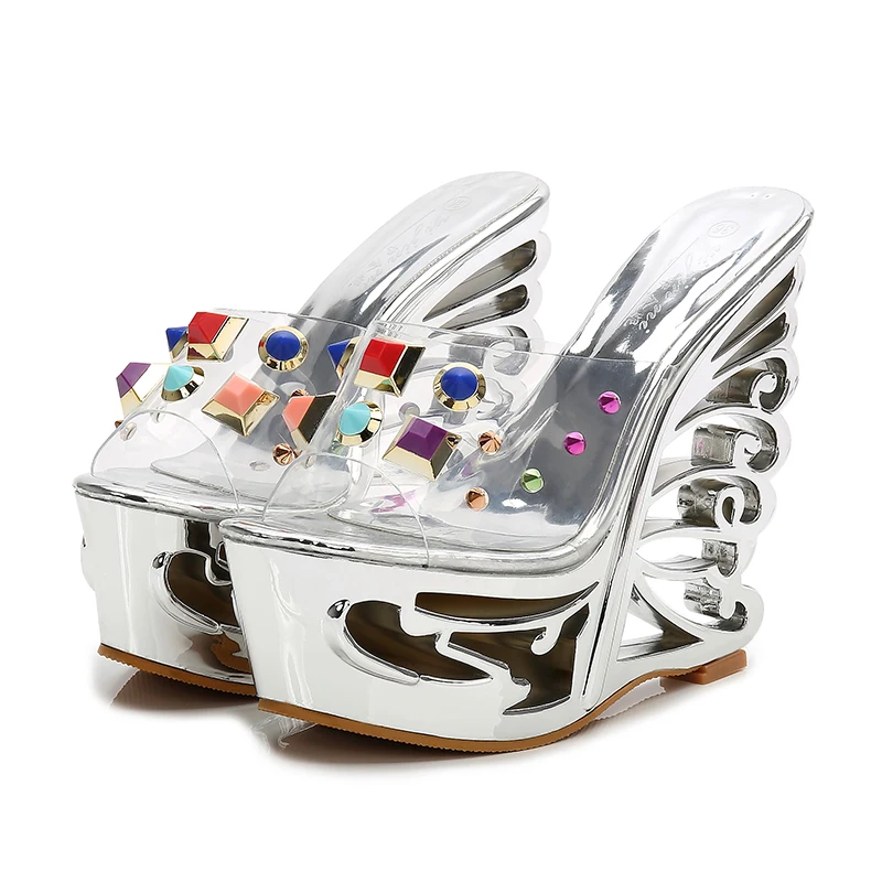

2018 New Women's Sexy Super High Heels Sandals Sliper Gold Sliver 15cm Platform Strange Style heel Crystal Sandals .ZYW-1076-3