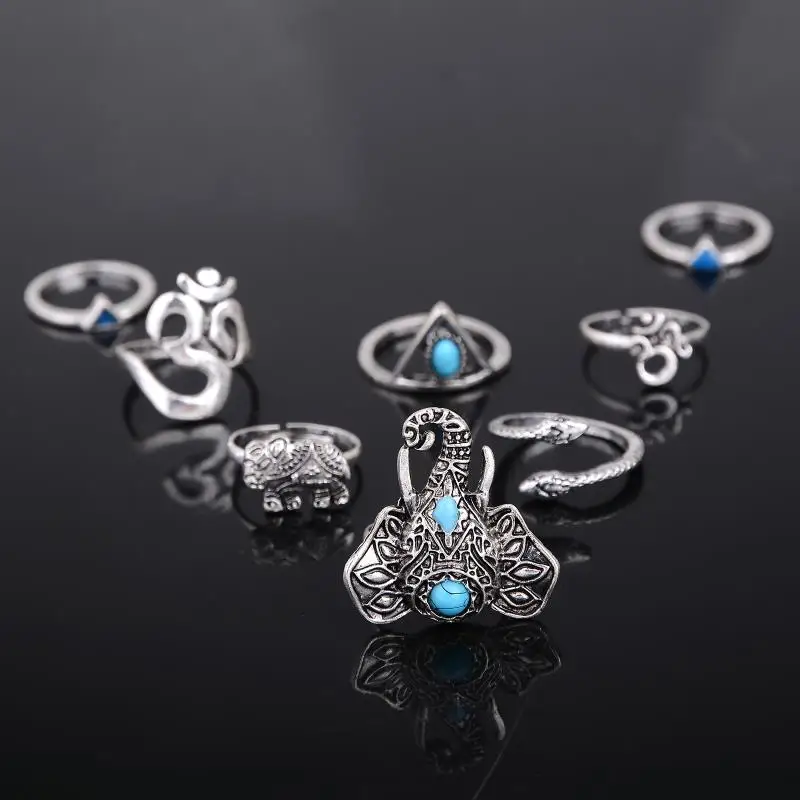 

8pcs/set Bohemian Style Vintage Silver Color Rings Natural Stone Snake Knuckle Jewelry Gift For Women
