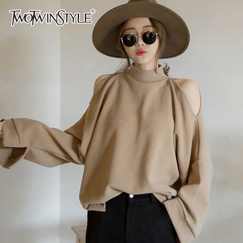 Goedkoop TWOTWINSTYLE Off Schouder Sexy Sweatshirt Vrouwen Lange Mouwen Trui Tops Vrouwelijke Casual Kleding Koreaanse Grote Maat 2018 Lente