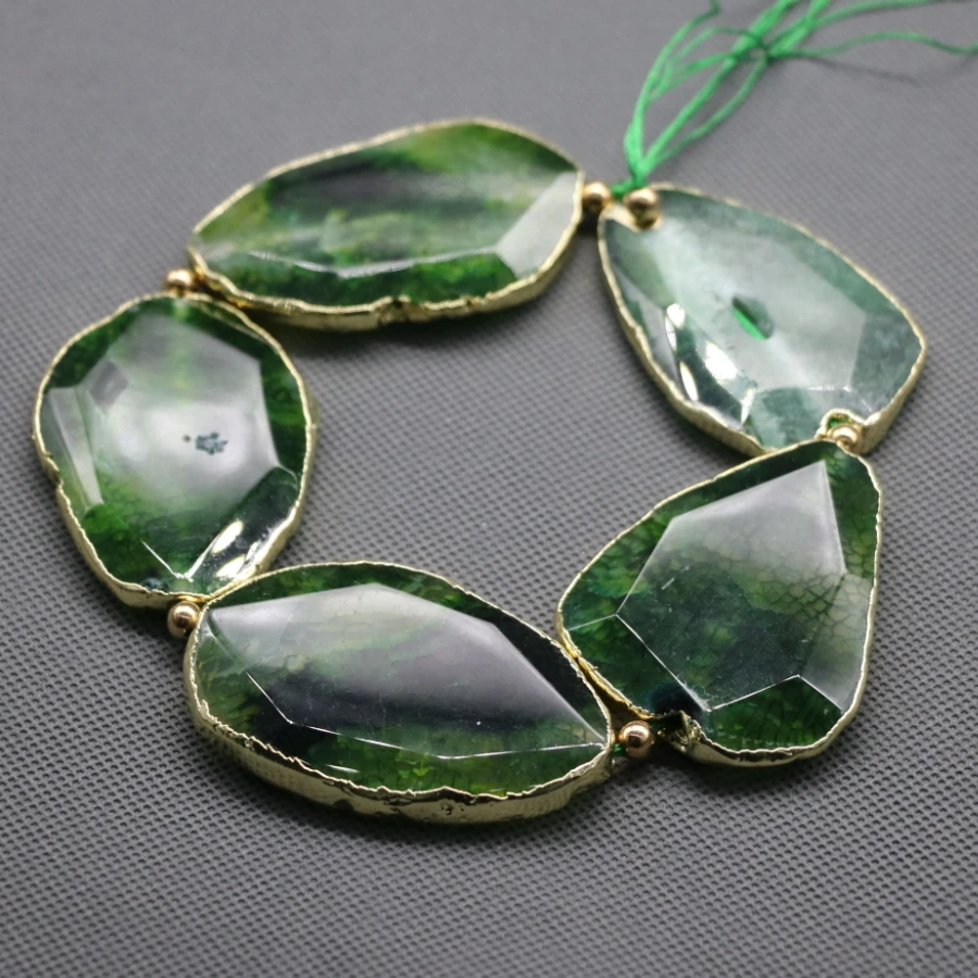 

C-1901 Green Druzy Faceted Stone Beaded - Gold Wrapped Slab Connector Beads Pendant Polished- Full Strand/50mm Each