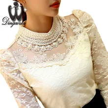 Dingaozlz elegant long sleeve bodysuit beaded Women lace blouse shirts crochet tops blusas Mesh Chiffon blouse female clothing