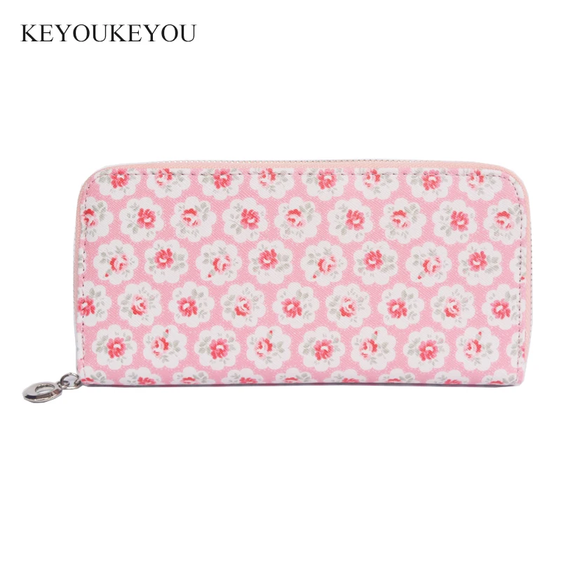 

KEYOUKEYOU 2017 fashion blue flower print pu leather long zip around women wallet with card holder ladies organize money purse