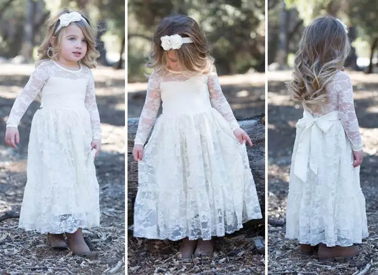 Spring Summer Autumn Girls Party Dresses White Lace Long Sleeve Wedding Maxi Dress Performance Dress Children