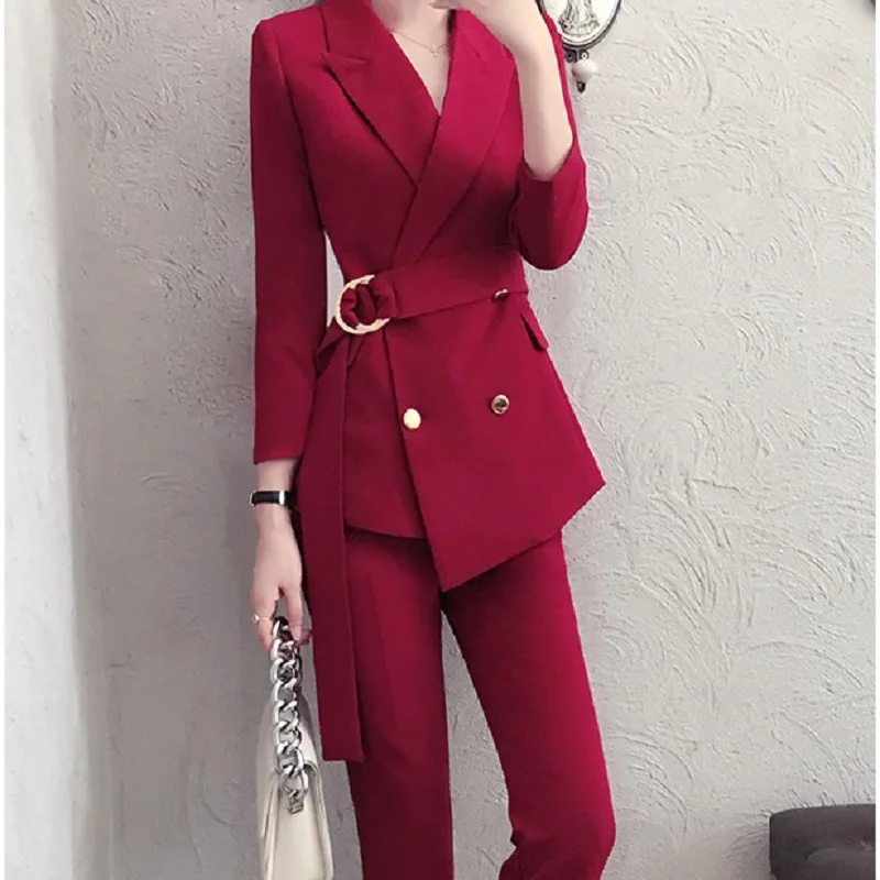 

CBAFU office ladies work OL 2 piece set double breasted irregular blazer suit pants sets formal blazer suit coat P025