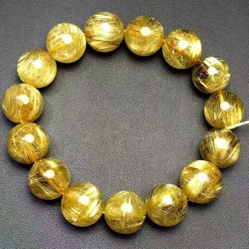 

Natural Gold Rutilated Quartz Crystal Round Beads Wealth Bracelet 15mm AAAAA
