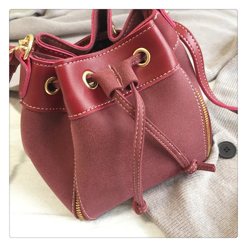 MJ Women Leather Handbags Vintage Suede PU Leather Crossbody Bag Drawstring Bucket Bag Female Small Messenger Bags Korean Style (20)