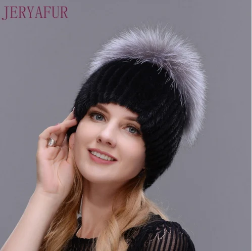 Стиль зимняя шапка Настоящее женский норки Мех шапка для Для женщин вязаной норки лиса Мех Кепки женского уха теплая шапка Кепки Silver Fox часть меньше - Цвет: color001