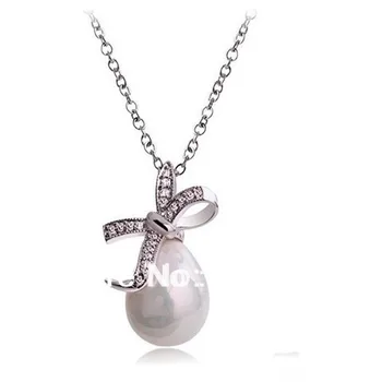 

Rhodium Silver Pear Shaped Drop Bow Pendant Crystal Diamante Necklace Jewlery