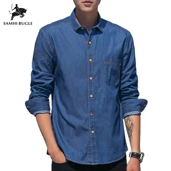 

Japanese 2019 Autumn New Denim Shirts Men Pocket Slim Fit Long Sleeve Denim Tops Male Blouses Plus Size 3XL Brand Clothing
