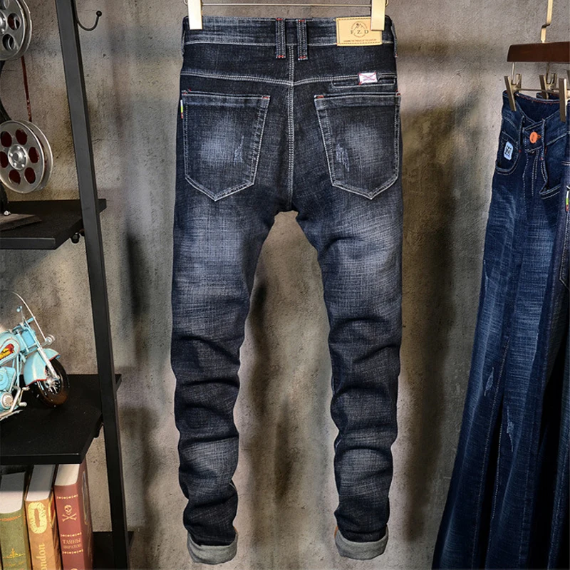 Sale Biker 2018 Elastic Winter New Black Small Straight Tube Youth Casual Full Length Fake Zippers Skinny Solid Light Jeans Men 