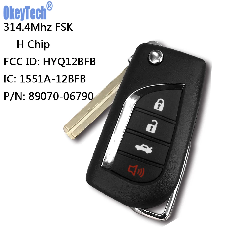 

OkeyTech Remote Flip Car Key 314.4Mhz 4 Buttons FOB For Toyota With H CHIP HYQ12BFB 1551A-12BFB 89070-06790 Free Shipping
