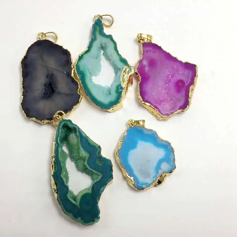 

Natural Stone Jewelry Gold Silver Plating Crystal Pendant Ice Quartz Agates Connector Green Agates Slices Charms Pendants