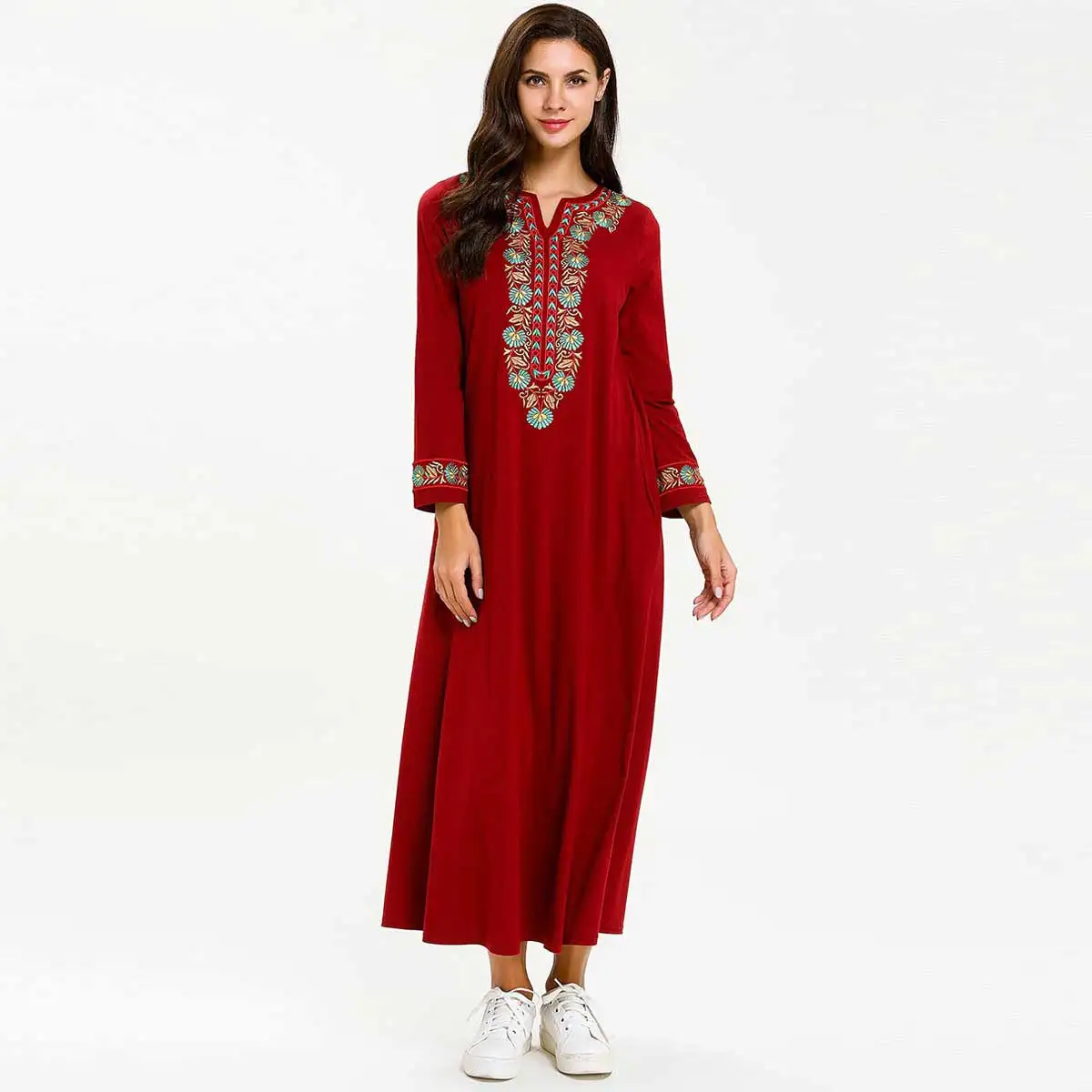 

2019 Ethnic Floral Embroidery Women Muslim Maxi Dress Plus Size Casual Islamic Abaya Oversized Kaftan UAE Robe Gown VKDR1622