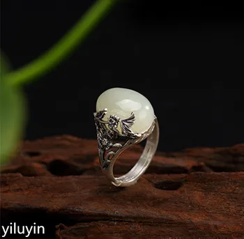 

KJJEAXCMY Boutique jewelry S990 silver coin antique inlaid natural Hetian jade white jade lady high-end Open Silver Ring
