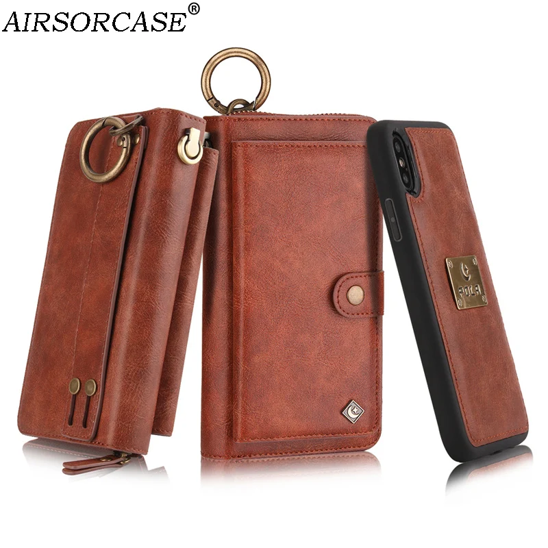 

With Lanyard Multifunction Metal Ring Zipper Card Wallet Phone Case for iPhone X XS 6 6S 7 8 Plus 8Plus Leather Case Back Cover