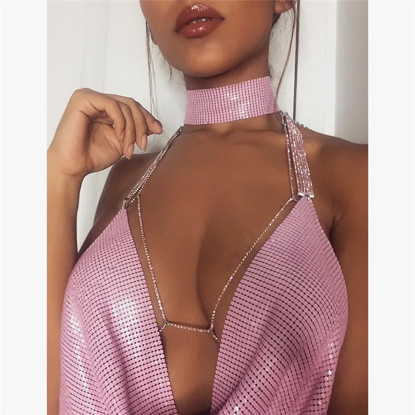 Sexy Fashion New Women Body Maxi Jewelry Unique Flash Shiny Rhinestone Sequins Bra Body High Chains Jewelry Necklace Women