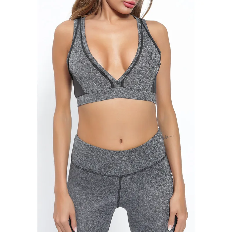 

Yoga Set Sport Suit Women For Running Suit Elasticity Fitness Clothes Workout Wear Sleeveless Bra And Leggings Grey Gym Clothing