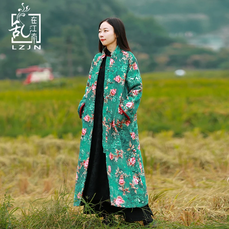 LZJN Groene Lange Padding Vintage Winter Jas Enkele Breasted Rode Bloem Chinese Katoen Gewatteerde Trenchcoat Vrouwen Maxi Jas LZJN Groene Lange Padding Vintage Winter Jas Enkele Breasted Rode Bloem Chinese Katoen Gewatteerde Trenchcoat Vrouwen Maxi Jas