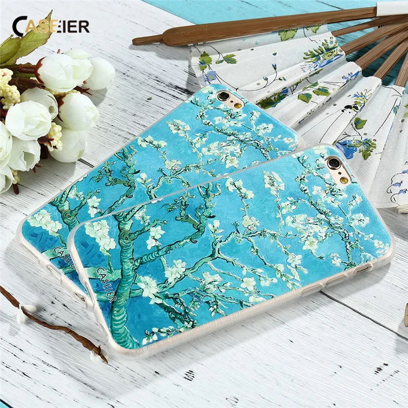 

Elegant Vintage Flower Art Printed Relief Case For iPhone 6 6s 7 Plus Samsung S7 S6 Edge Almond Blossom Oil Painting Cover Shell
