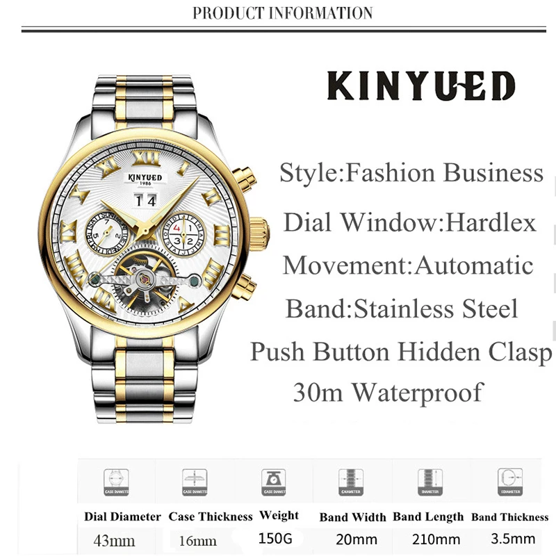 KINYUED الأعمال الميكانيكية الساعات رجل الهيكل العظمي توربيون التلقائية ووتش الرجال الذهب الصلب تقويم للماء Relojes هومبر