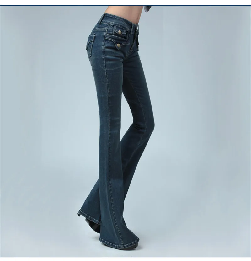 Новая одежда весенние расклешенные джинсы женские удлиненные сапоги с вырезами средней талией большие роговые джинсовые брюки