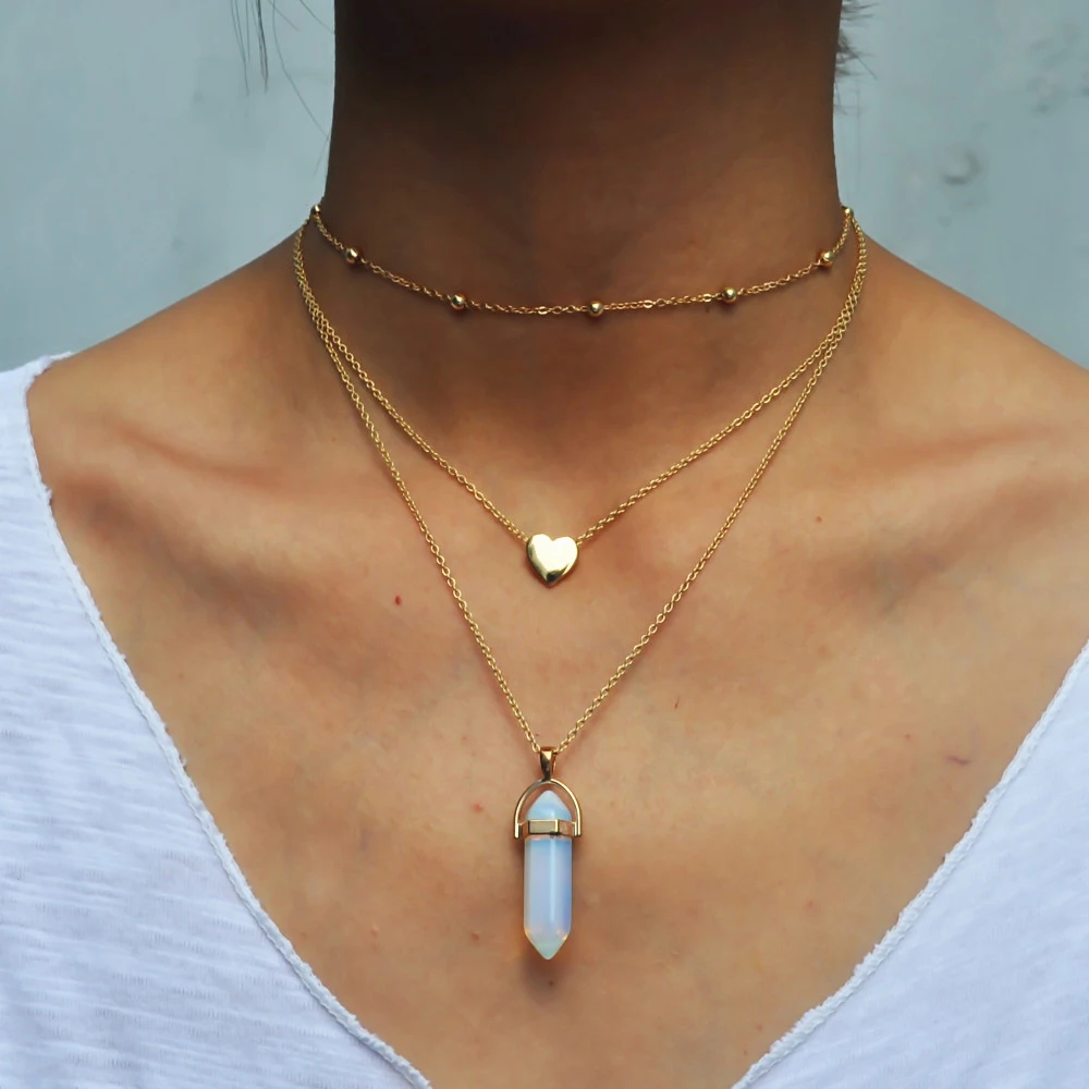 

Gold Color 3 Layer Opal Pink Stone Necklace Heart with Multi Stone Necklaces for Women Jewelry Gift Dropshipping